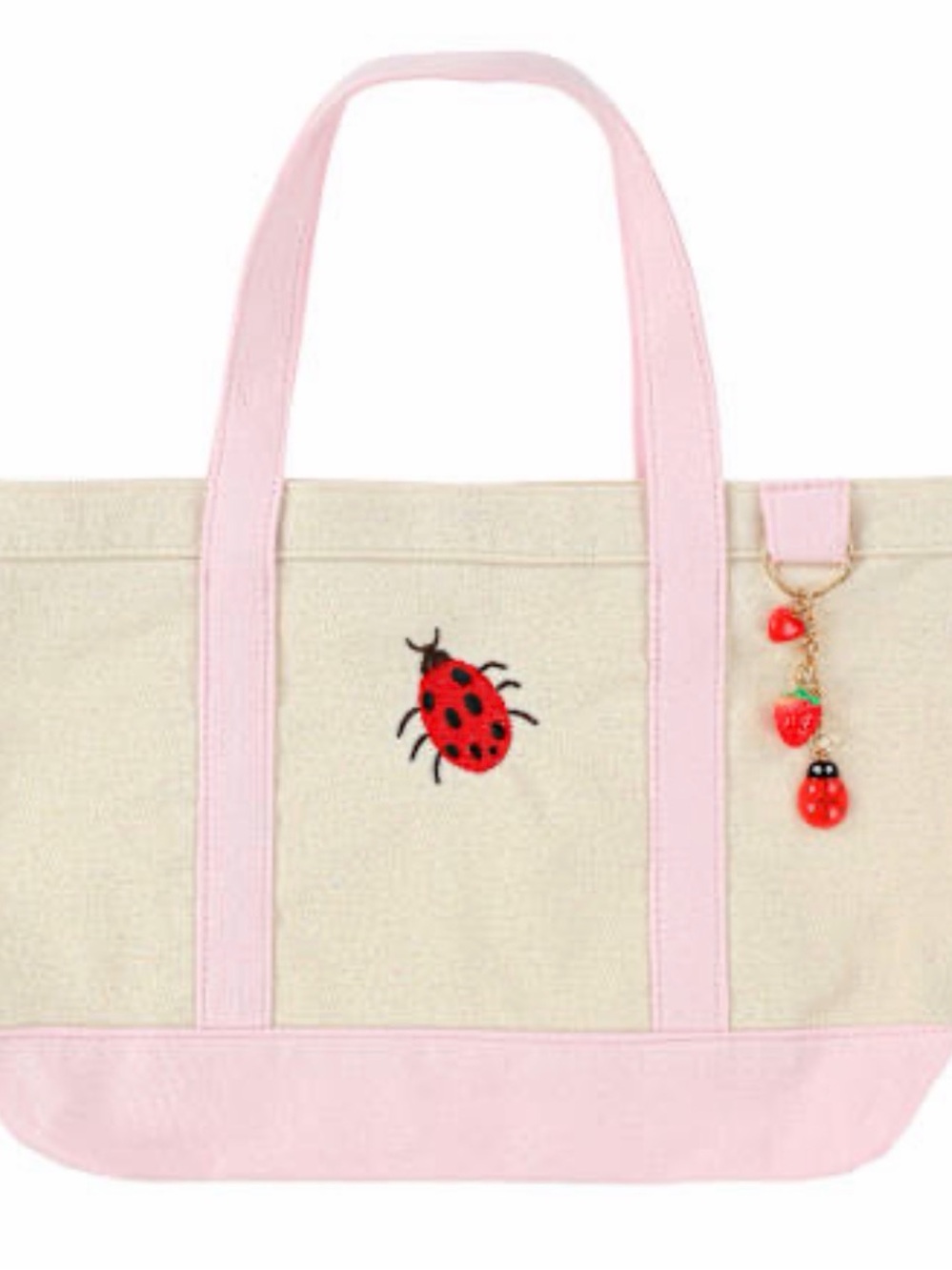 Pink & Cream Ladybug Strawberry Heart with Charms Mini Canvas Tote Bag Vacation